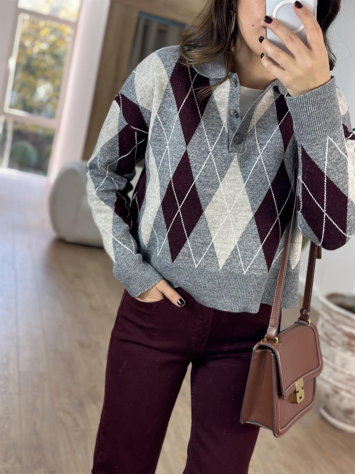 Polo Yaka Baklava Desenli Kazak - Bordo