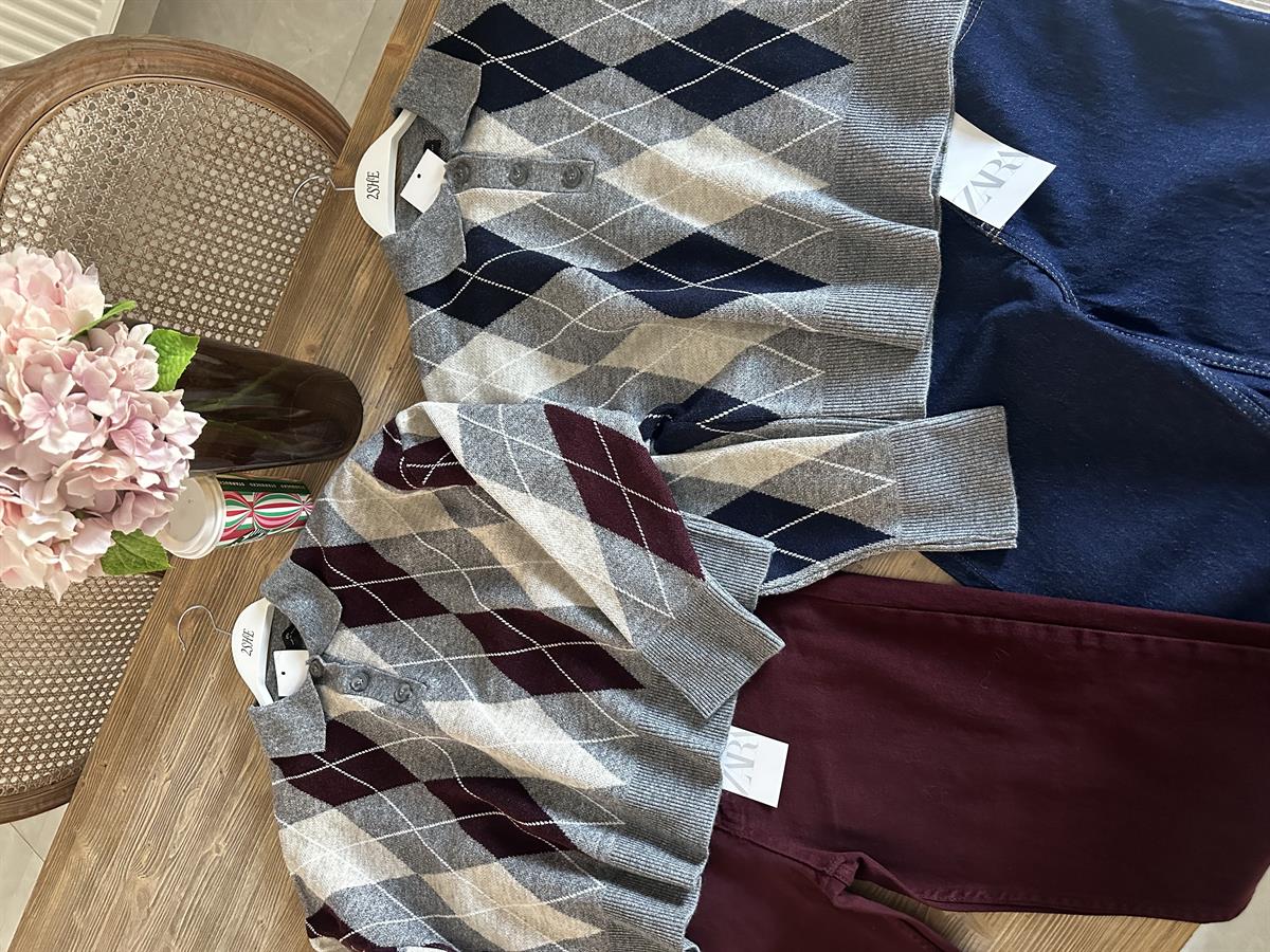 Polo Yaka Baklava Desenli Kazak - Bordo