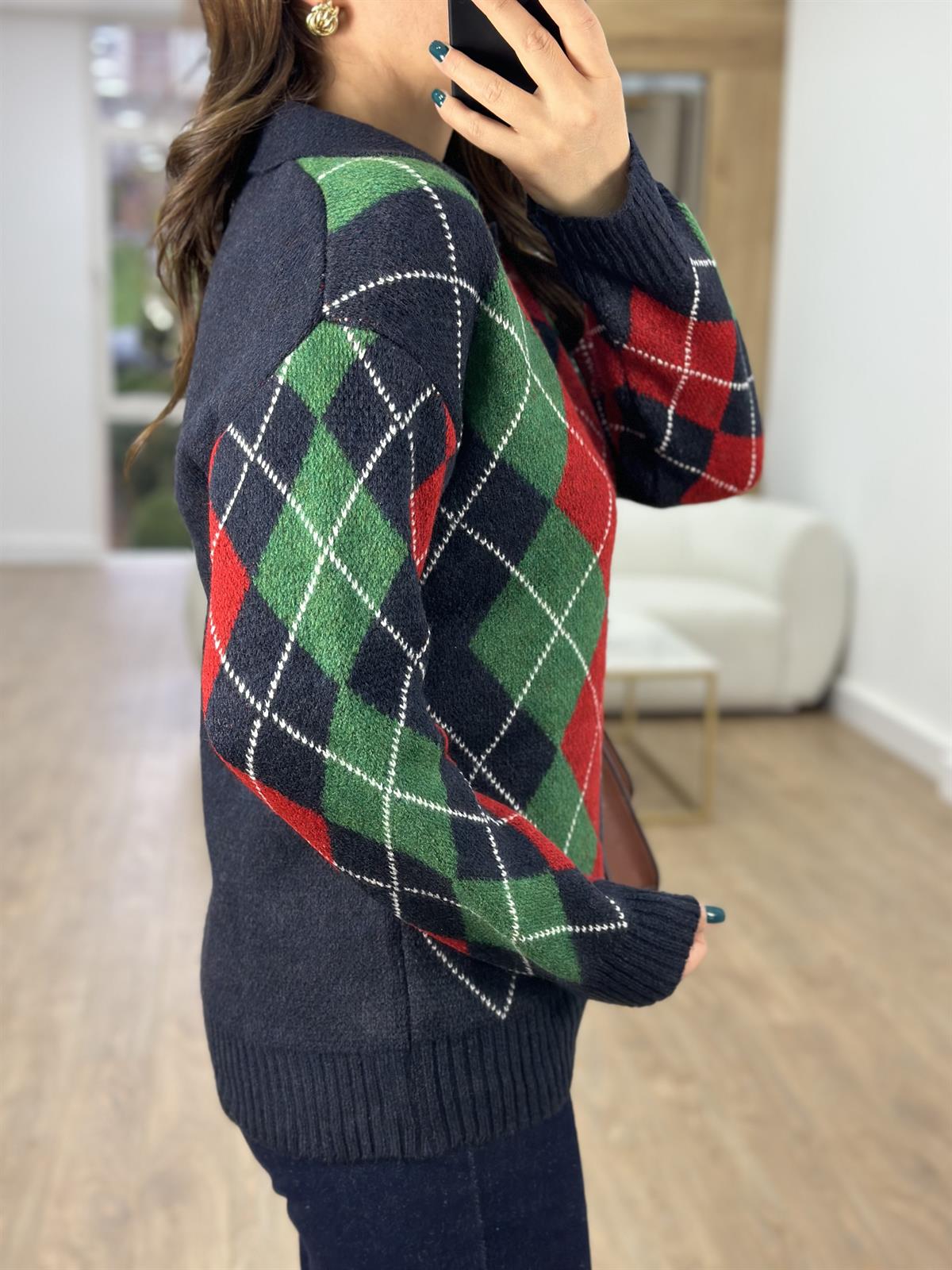 Polo Yaka Baklava Desenli Kazak-Lacivert