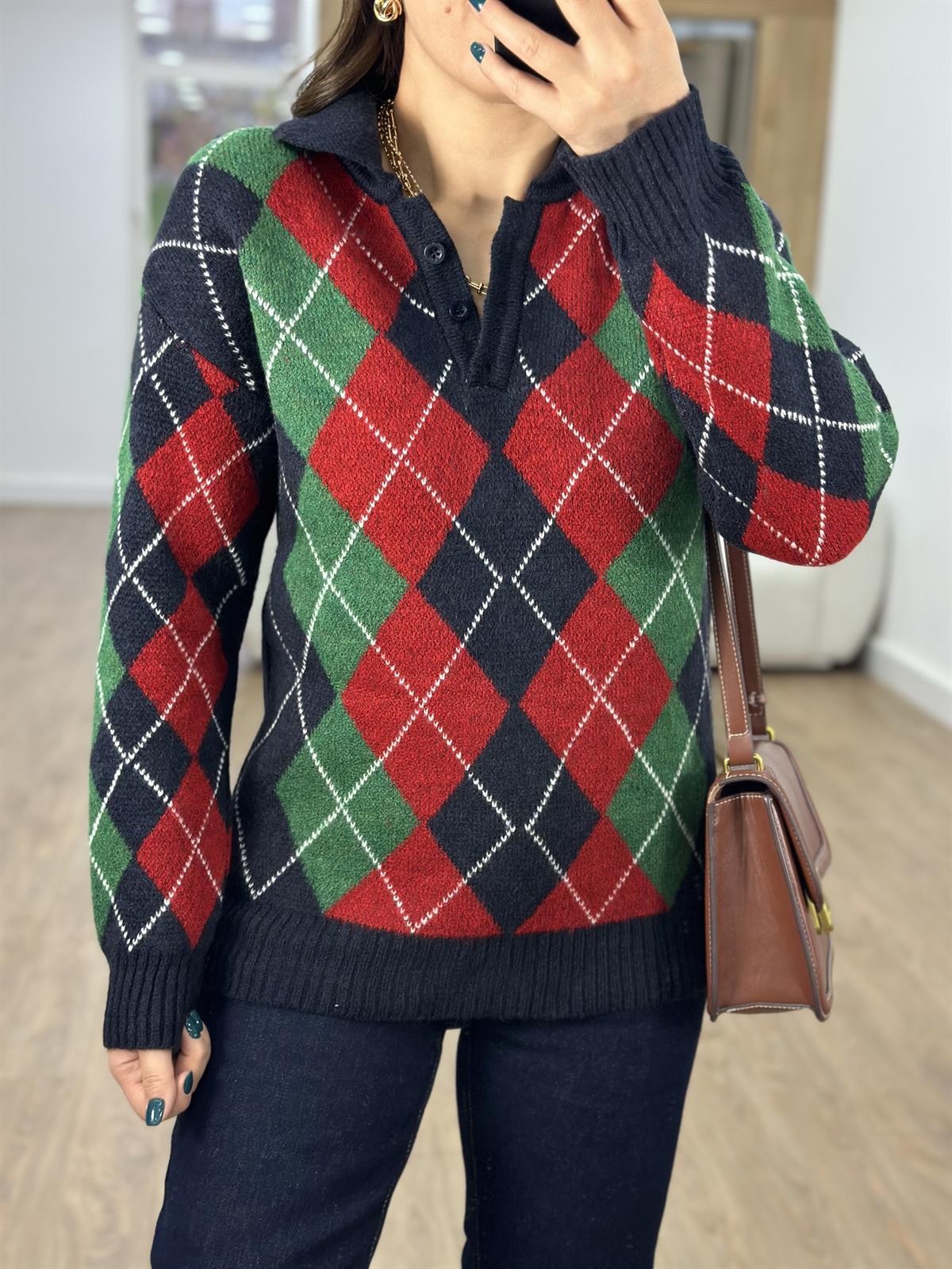 Polo Yaka Baklava Desenli Kazak-Lacivert