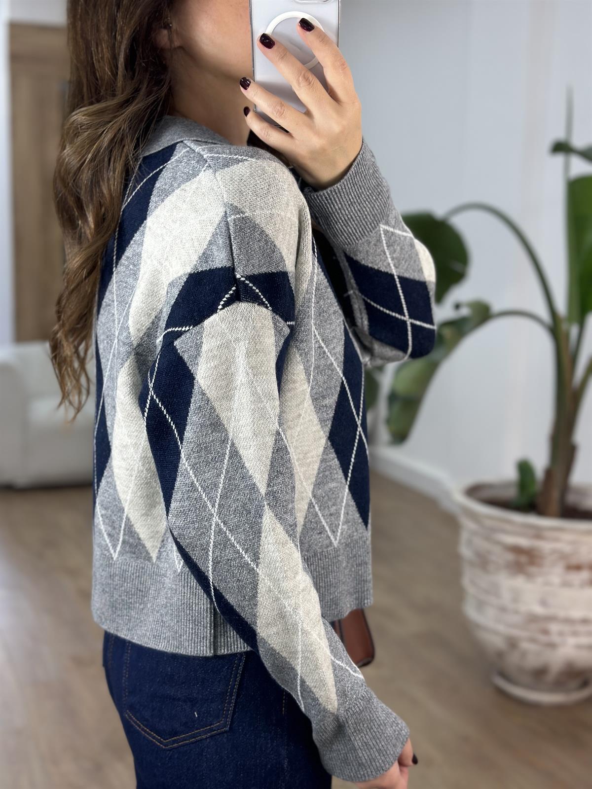 Polo Yaka Baklava Desenli Kazak - Lacivert