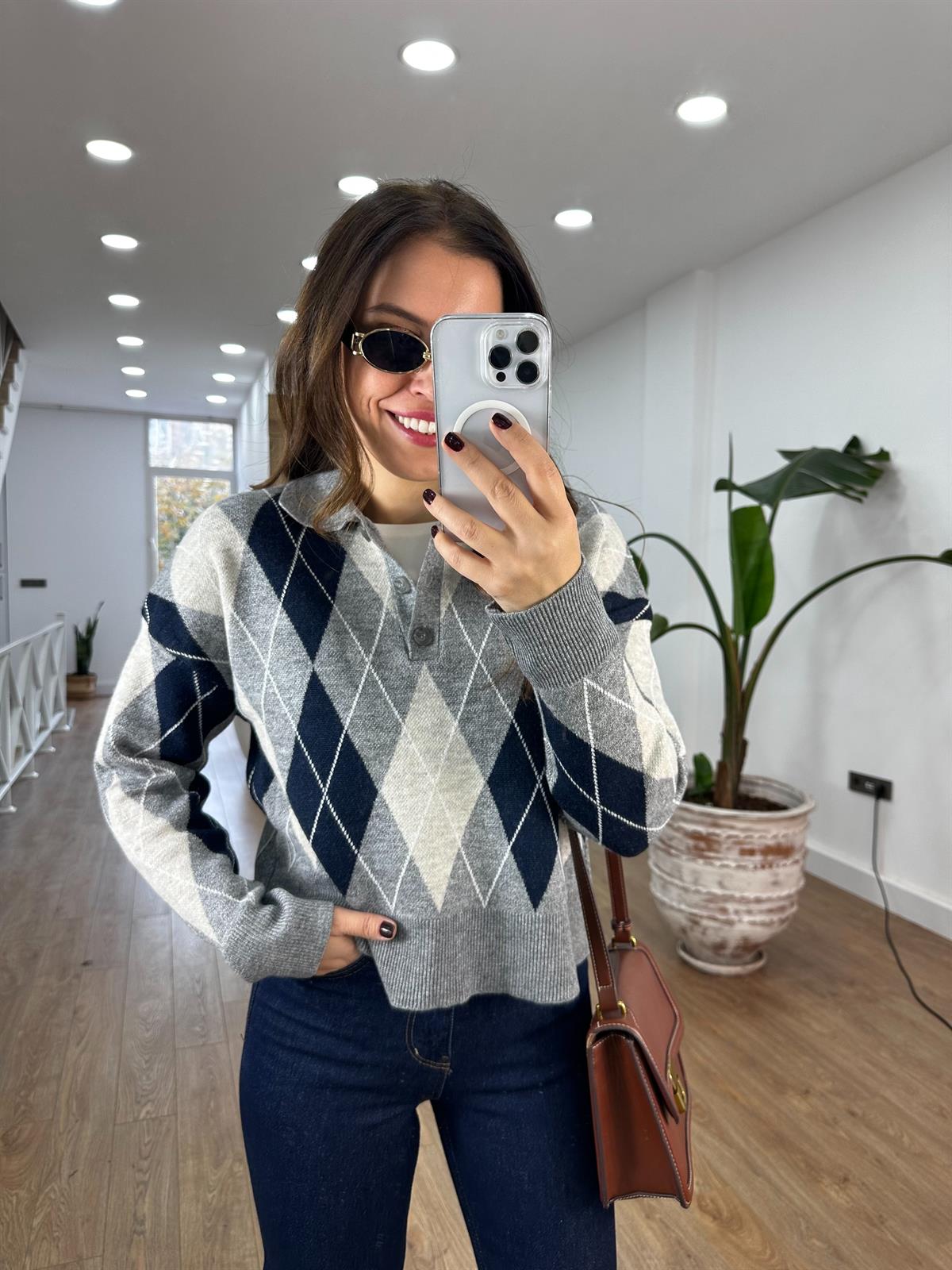 Polo Yaka Baklava Desenli Kazak - Lacivert