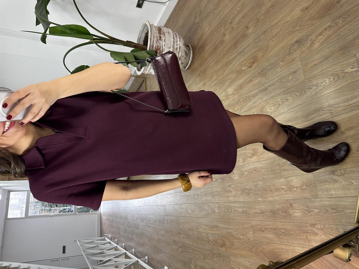 Polo Yaka Basic Mini Elbise - Bordo