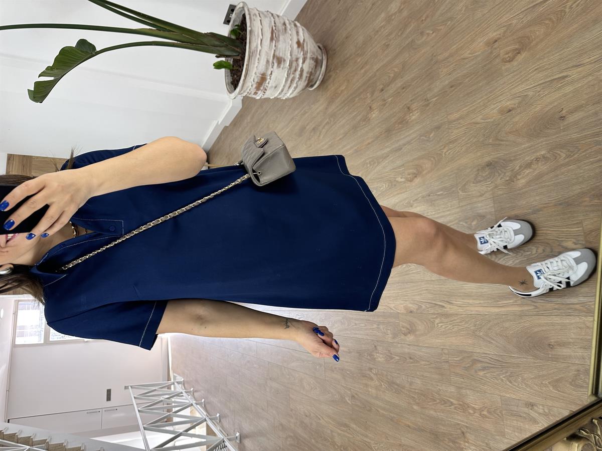 Polo Yaka Beyaz Dikiş Detaylı Elbise-Lacivert