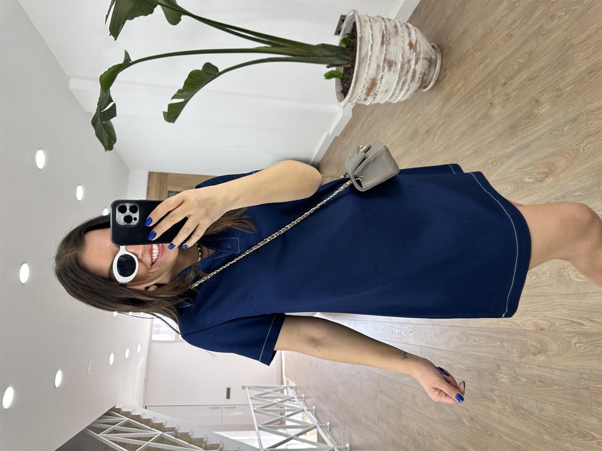 Polo Yaka Beyaz Dikiş Detaylı Elbise-Lacivert