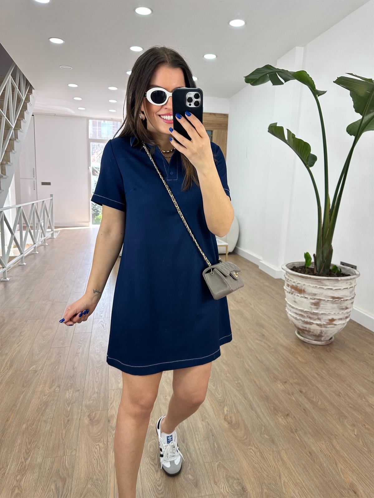 Polo Yaka Beyaz Dikiş Detaylı Elbise-Lacivert