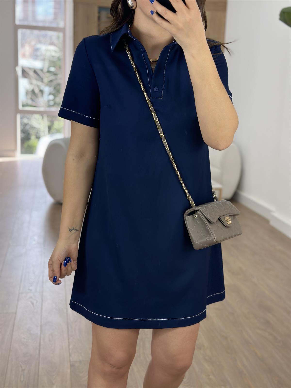 Polo Yaka Beyaz Dikiş Detaylı Elbise-Lacivert