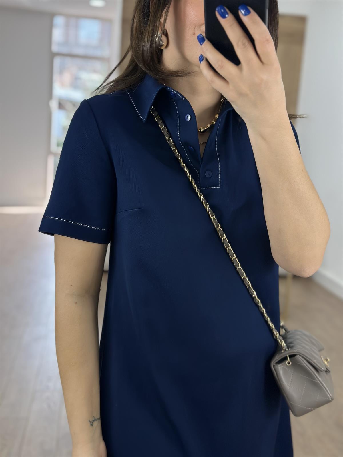 Polo Yaka Beyaz Dikiş Detaylı Elbise-Lacivert