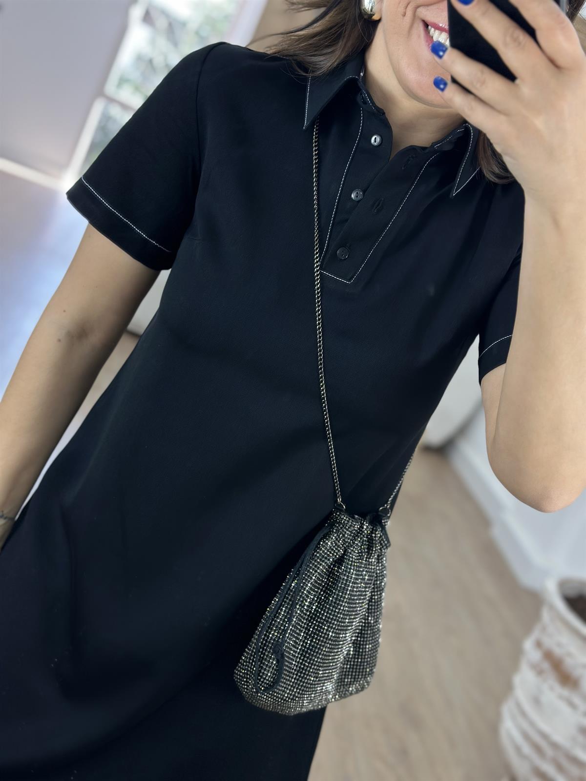 Polo Yaka Beyaz Dikiş Detaylı Elbise-Siyah