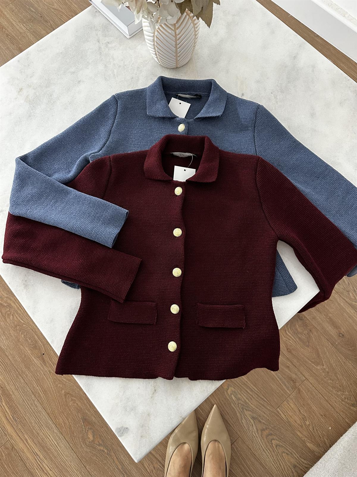 Polo Yaka Cepli Triko Hırka - Bordo