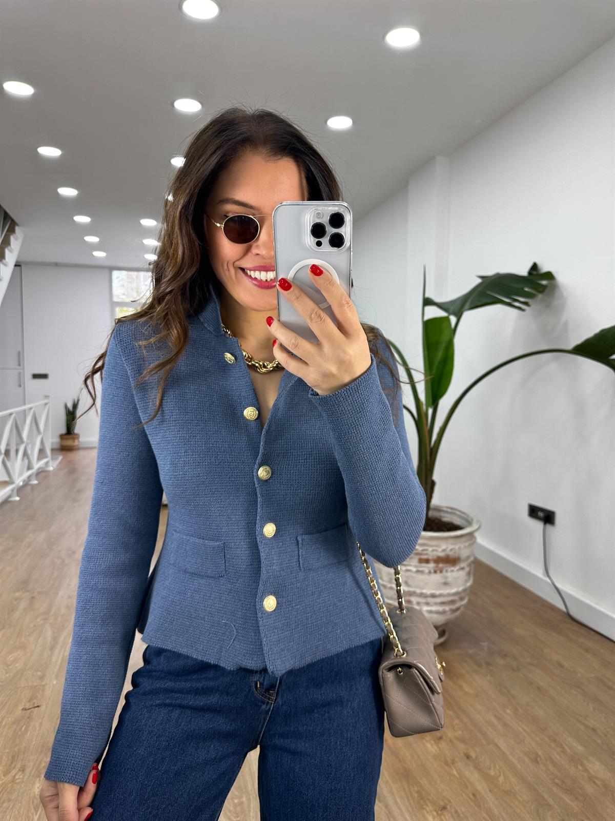 Polo Yaka Cepli Triko Hırka - İndigo