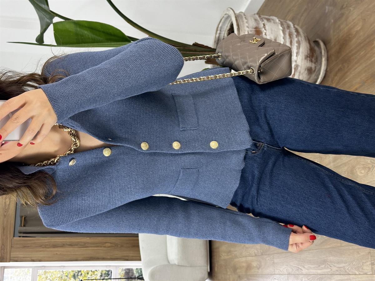 Polo Yaka Cepli Triko Hırka - İndigo