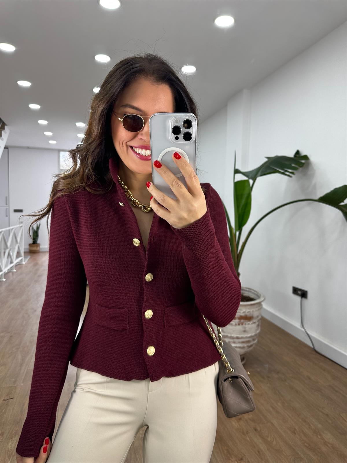 Polo Yaka Cepli Triko Hırka - Bordo