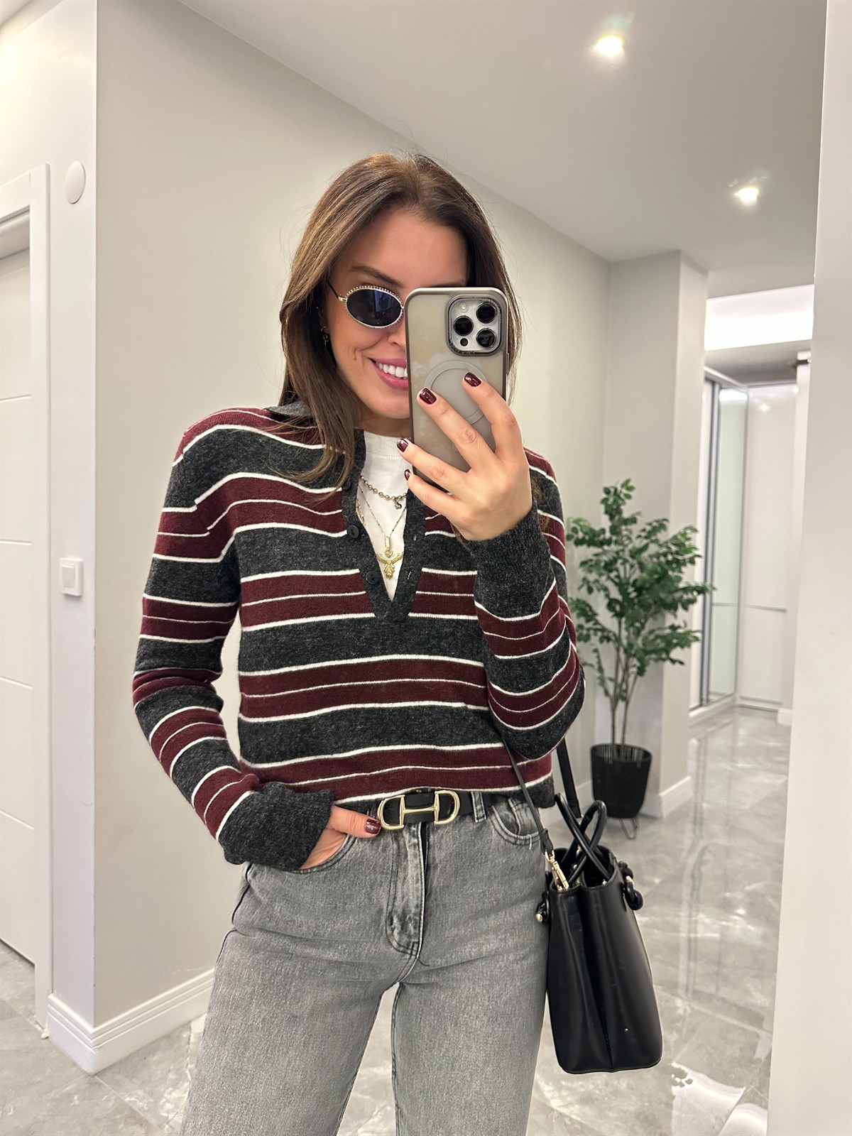 Polo Yaka Çizgili Basic Triko - Bordo/Antrasit