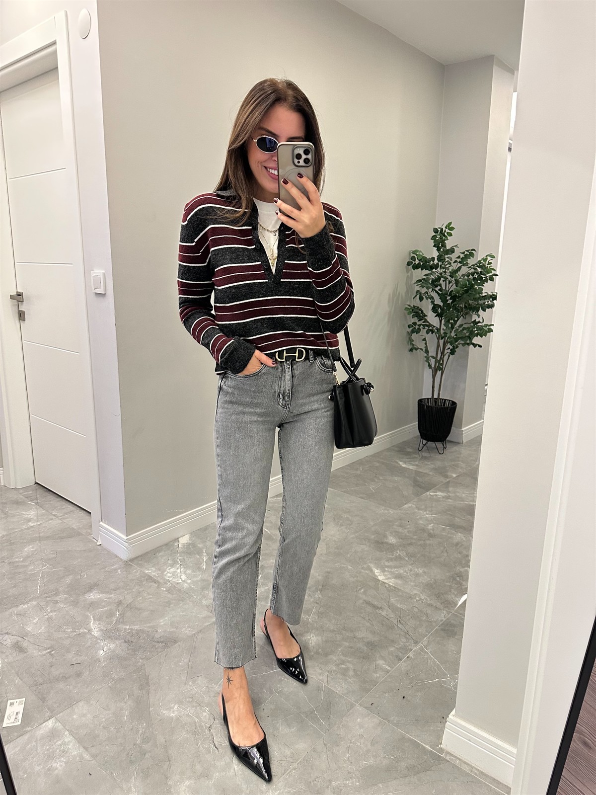 Polo Yaka Çizgili Basic Triko - Bordo/Antrasit