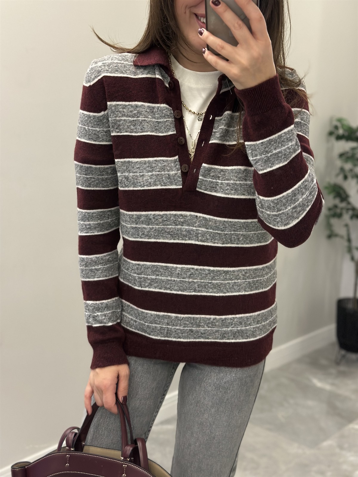 Polo Yaka Çizgili Basic Triko - Gri/Bordo