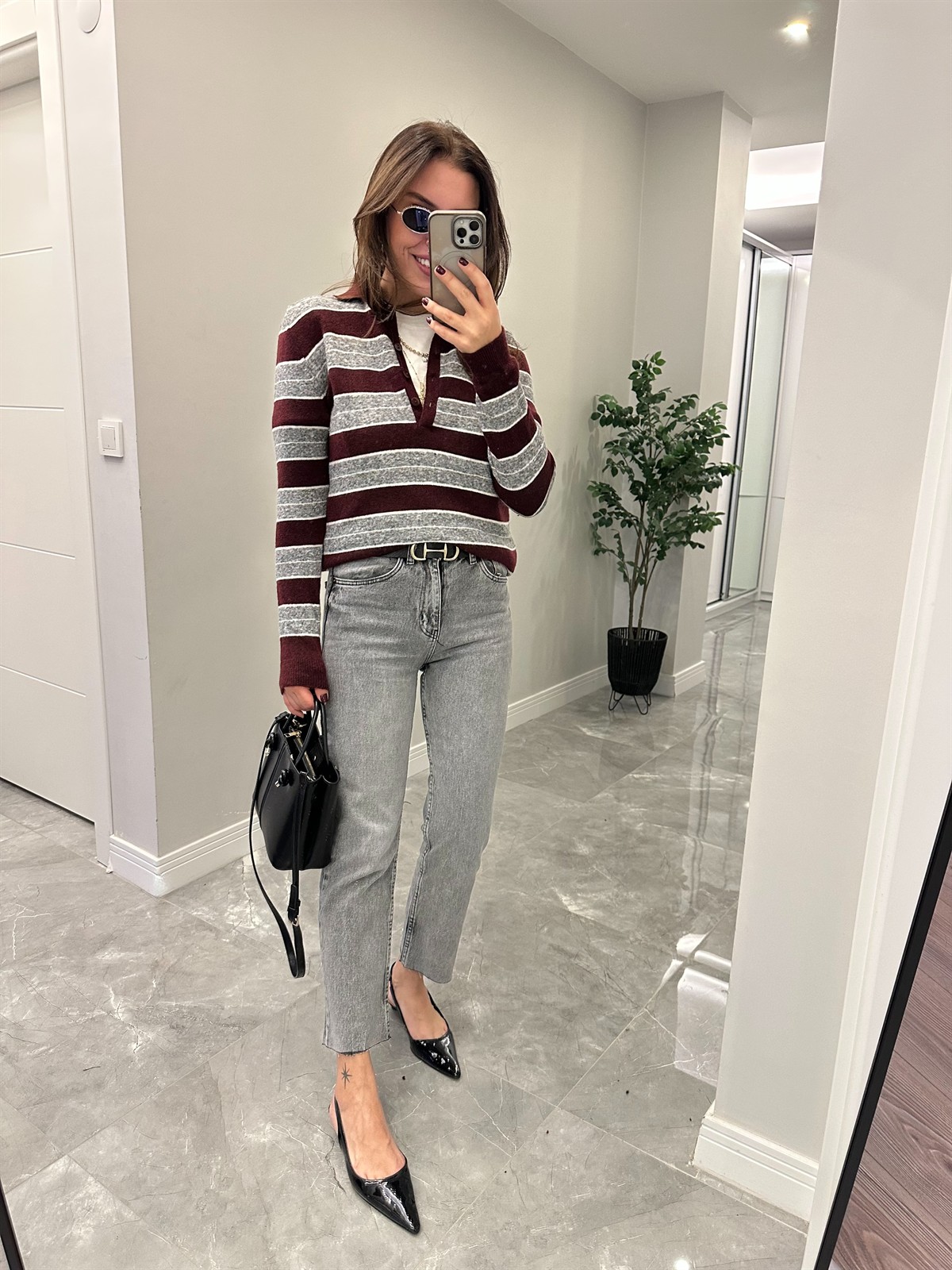 Polo Yaka Çizgili Basic Triko - Gri/Bordo