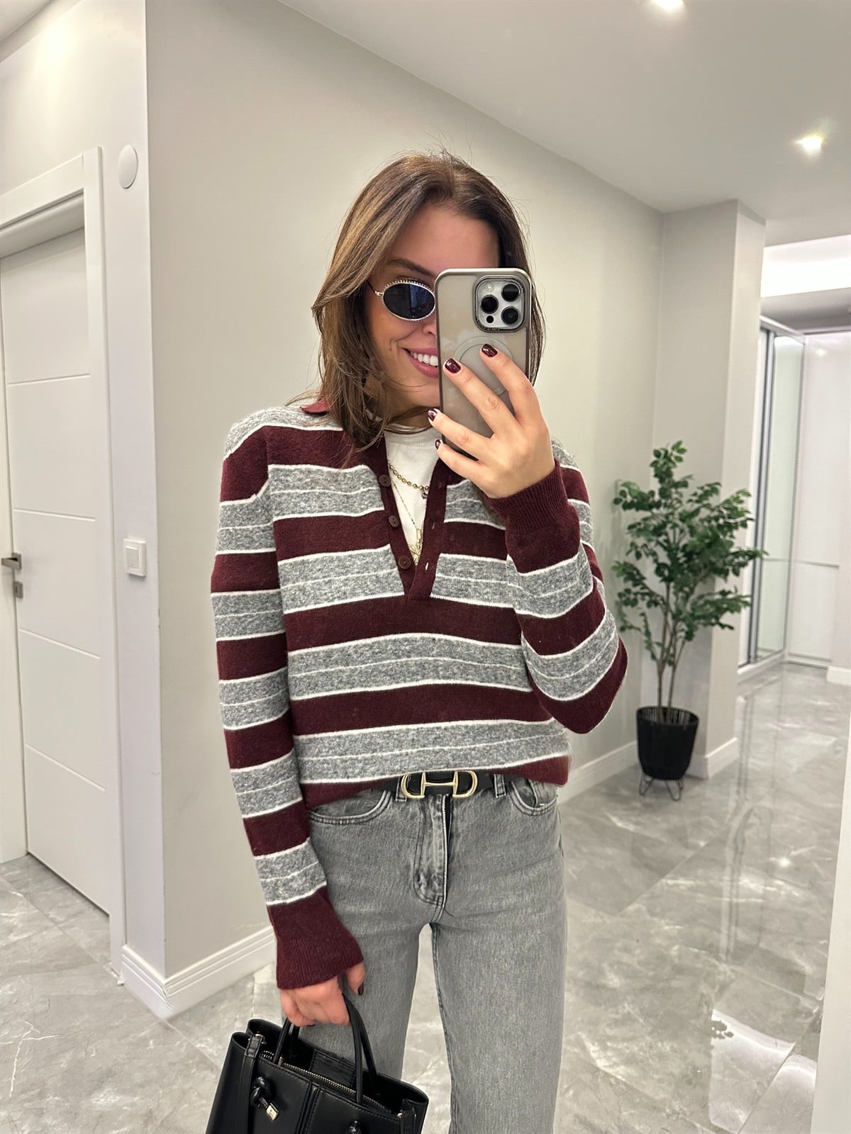 Polo Yaka Çizgili Basic Triko - Gri/Bordo