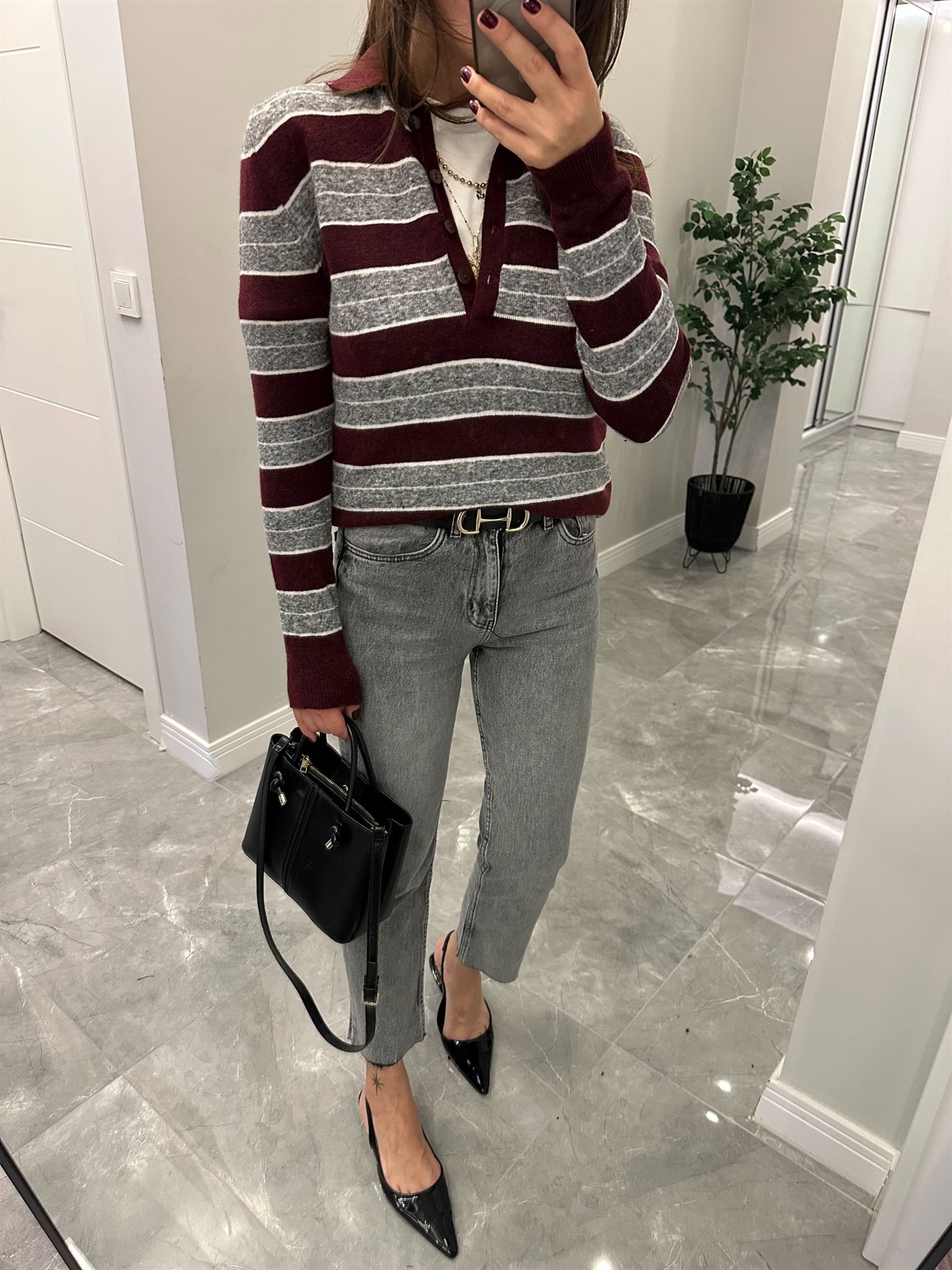 Polo Yaka Çizgili Basic Triko - Gri/Bordo