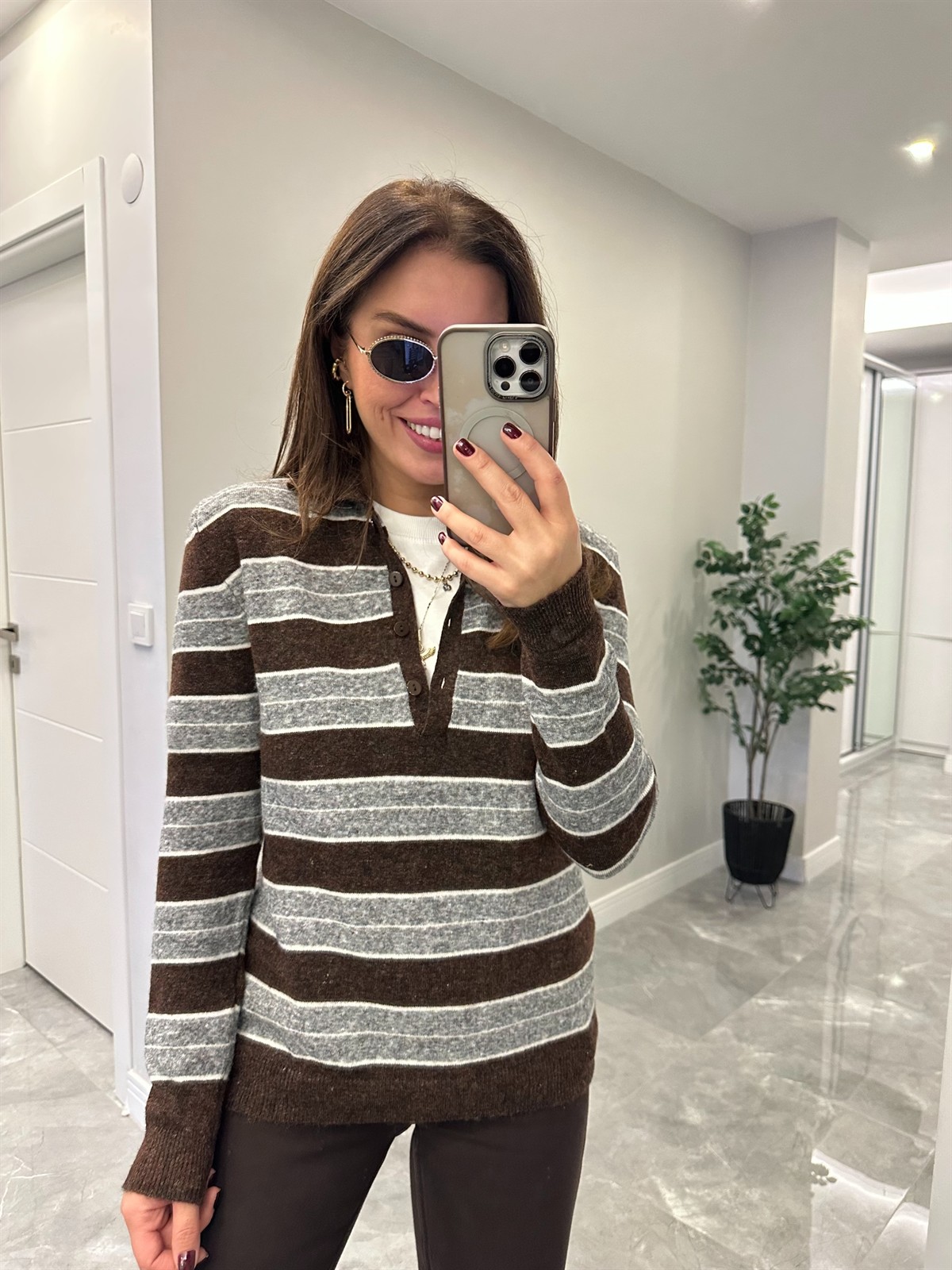 Polo Yaka Çizgili Basic Triko - Kahve/Antrasit