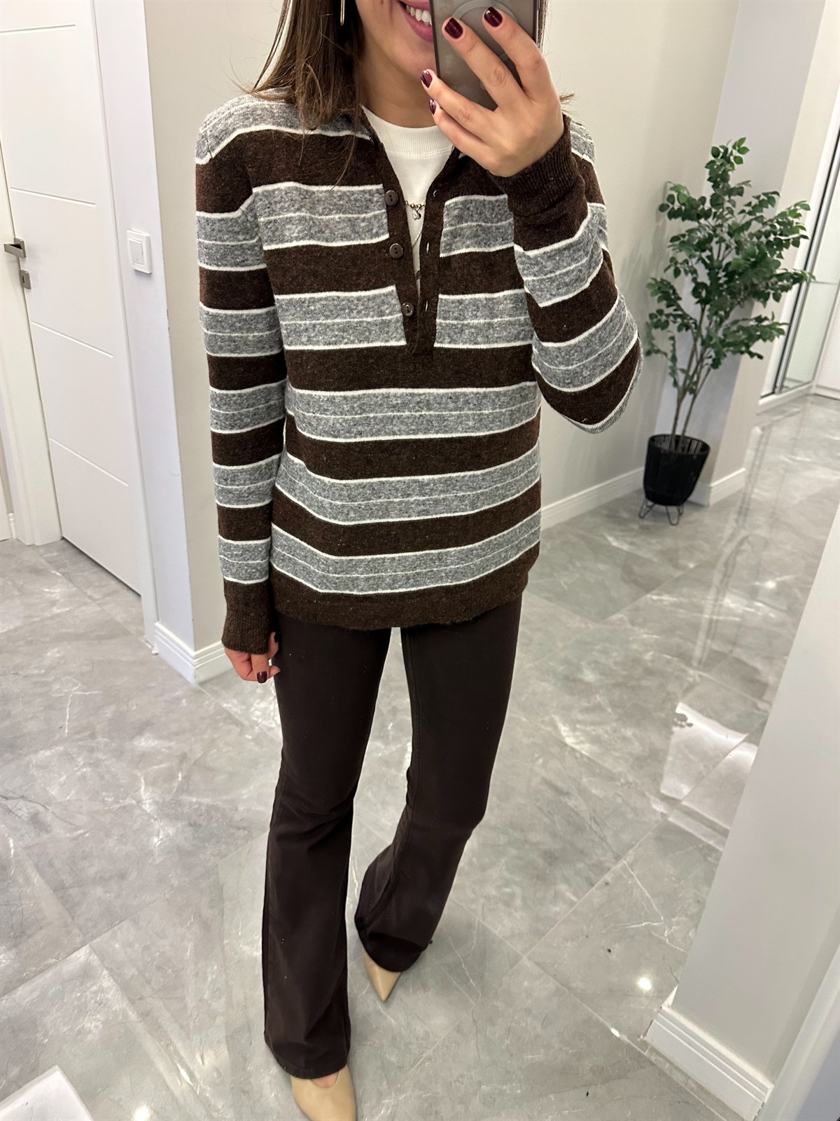 Polo Yaka Çizgili Basic Triko - Kahve/Antrasit