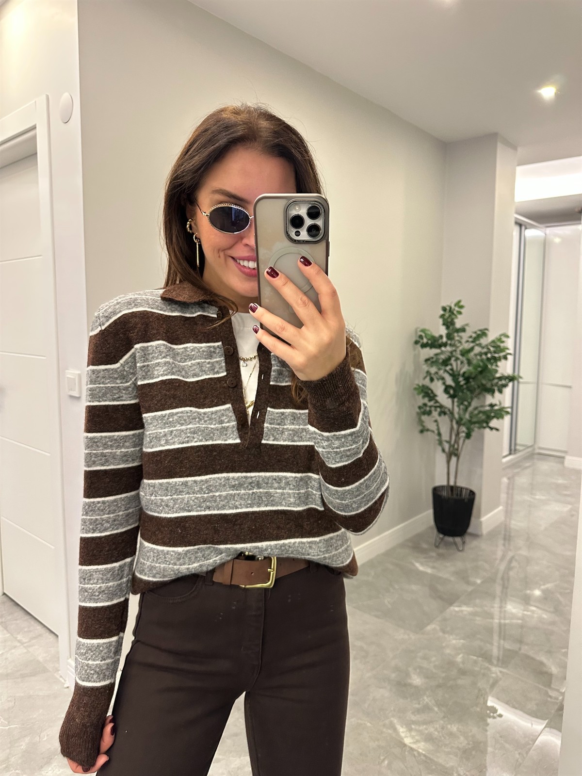 Polo Yaka Çizgili Basic Triko - Kahve/Antrasit