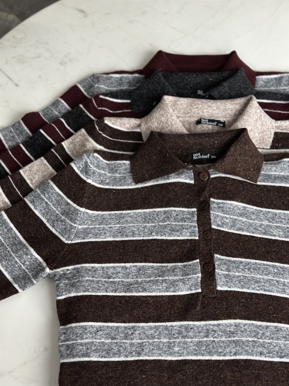 Polo Yaka Çizgili Basic Triko - Kahve/Antrasit