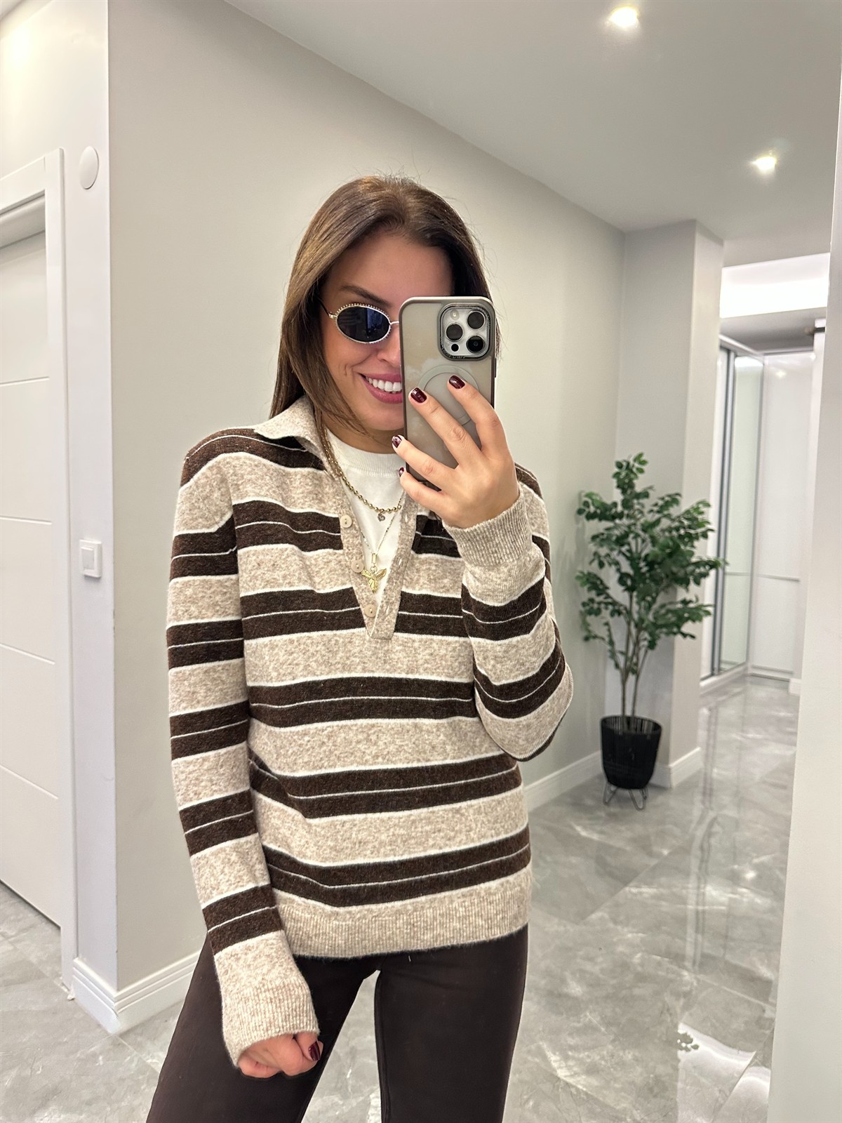 Polo Yaka Çizgili Basic Triko - Vizon/Kahve