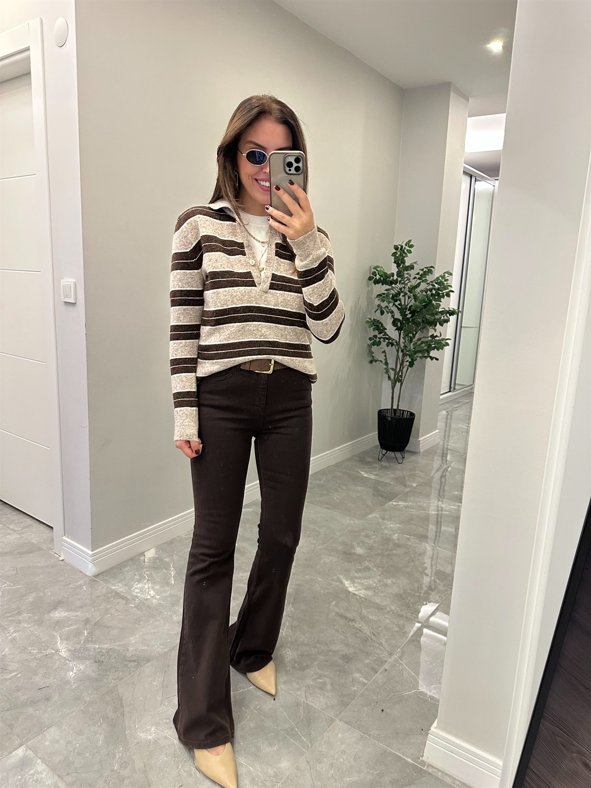 Polo Yaka Çizgili Basic Triko - Vizon/Kahve