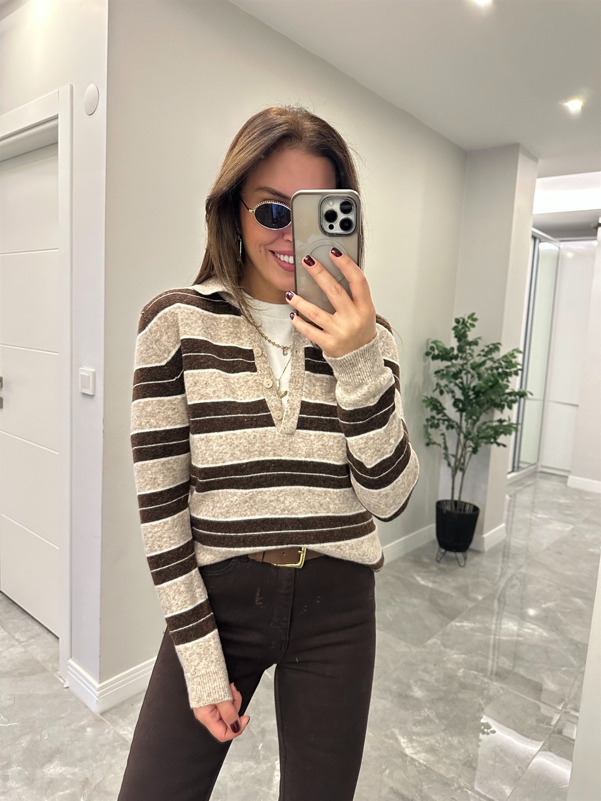 Polo Yaka Çizgili Basic Triko - Vizon/Kahve