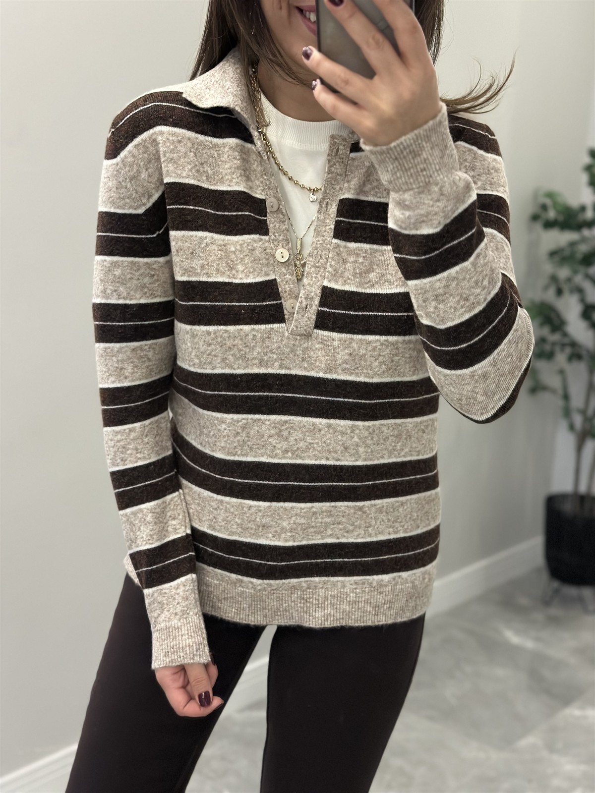 Polo Yaka Çizgili Basic Triko - Vizon/Kahve