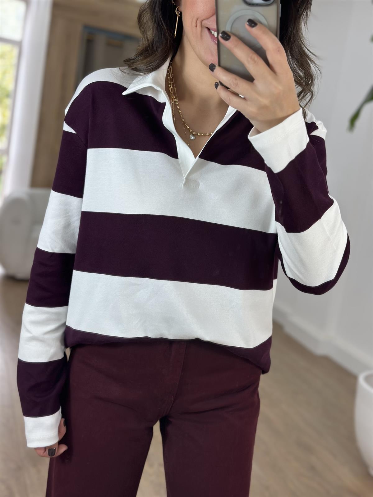 Polo Yaka Çizgili İnce Sweatshirt - Bordo