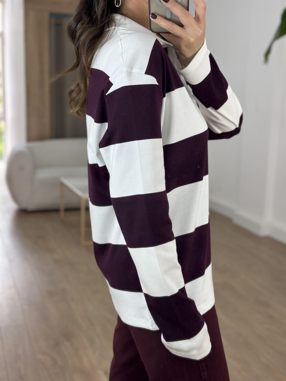 Polo Yaka Çizgili İnce Sweatshirt - Bordo