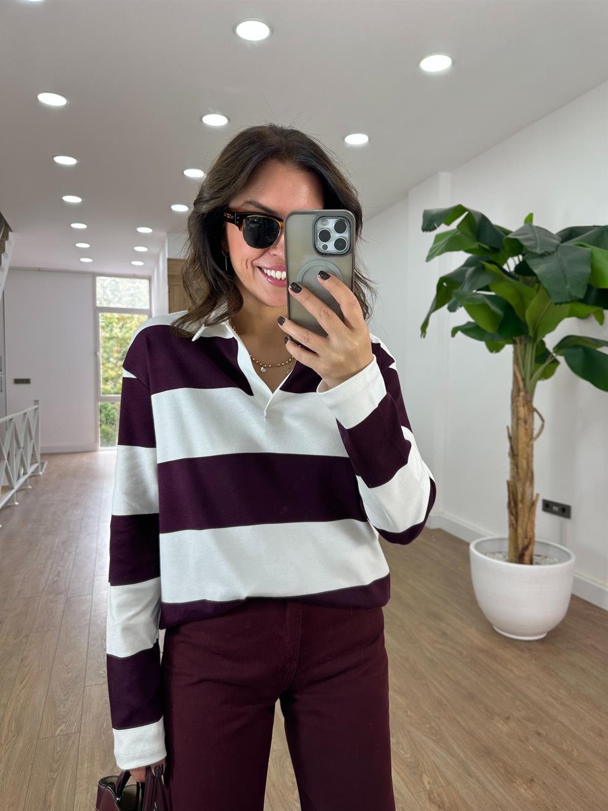 Polo Yaka Çizgili İnce Sweatshirt - Bordo
