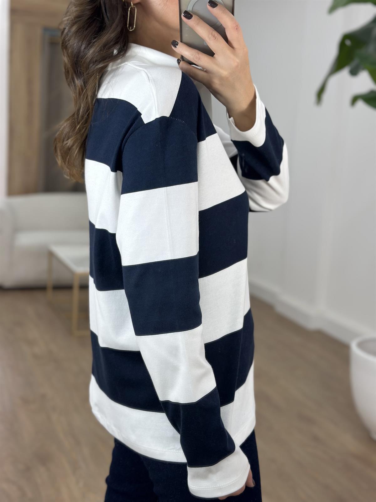 Polo Yaka Çizgili İnce Sweatshirt - Lacivert