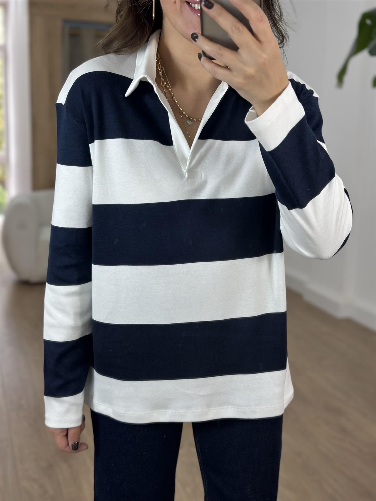 Polo Yaka Çizgili İnce Sweatshirt - Lacivert