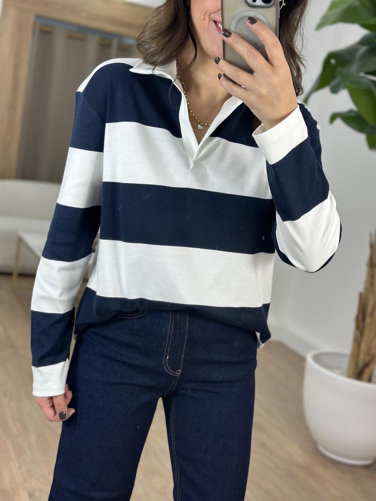 Polo Yaka Çizgili İnce Sweatshirt - Lacivert
