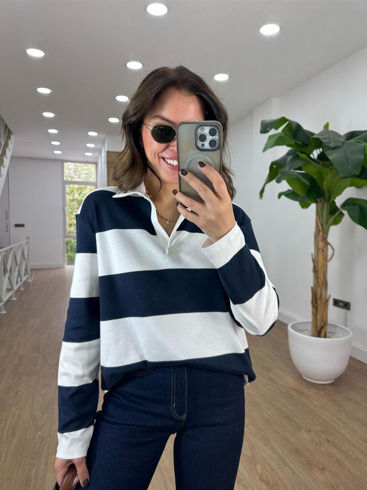 Polo Yaka Çizgili İnce Sweatshirt - Lacivert