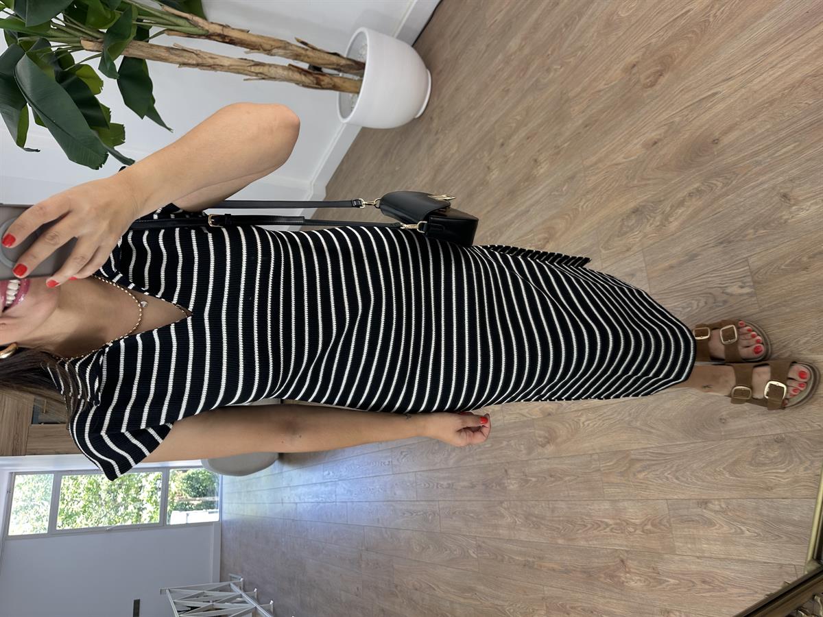 Polo Yaka Çizgili Merserize Triko Elbise Siyah