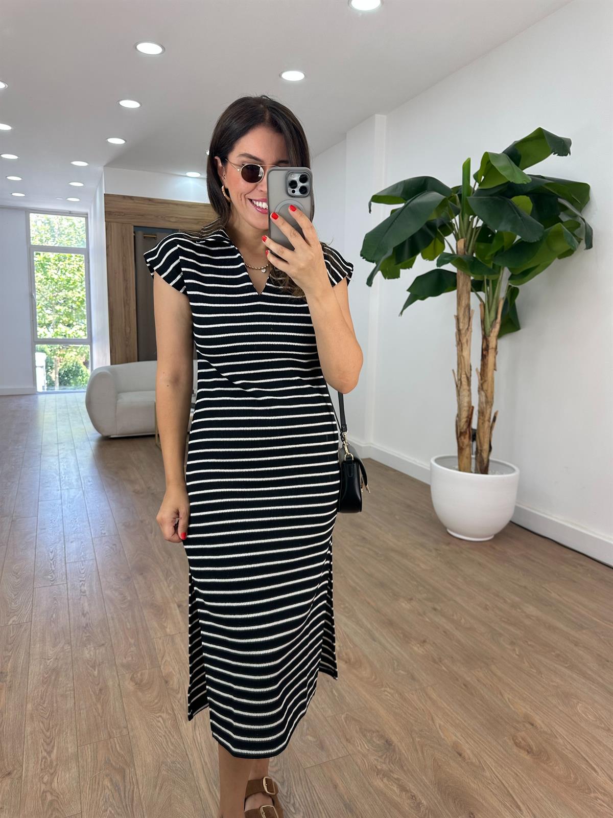 Polo Yaka Çizgili Merserize Triko Elbise Siyah