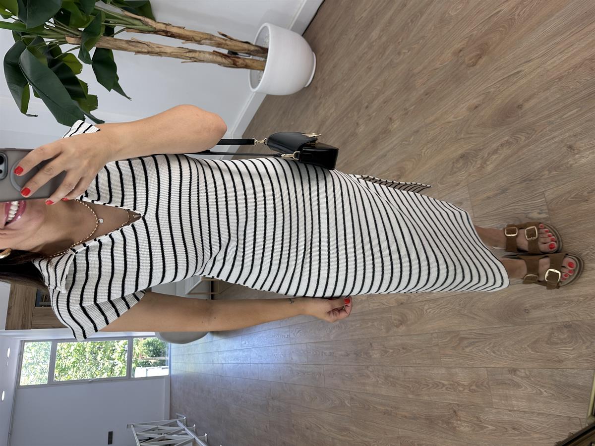 Polo Yaka Çizgili Merserize Triko Elbise Ekru