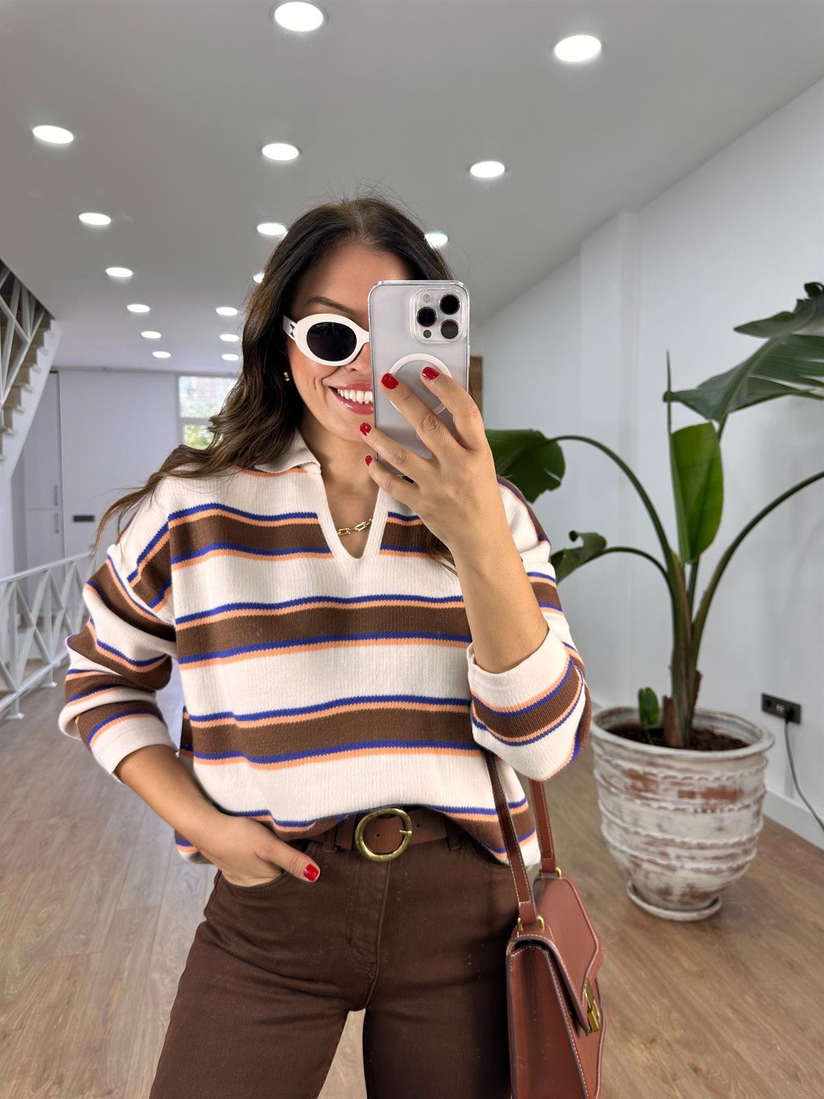 Polo Yaka Çizgili Salaş Triko