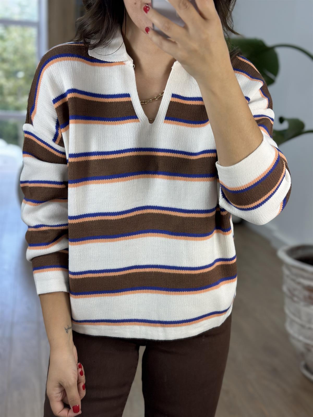 Polo Yaka Çizgili Salaş Triko