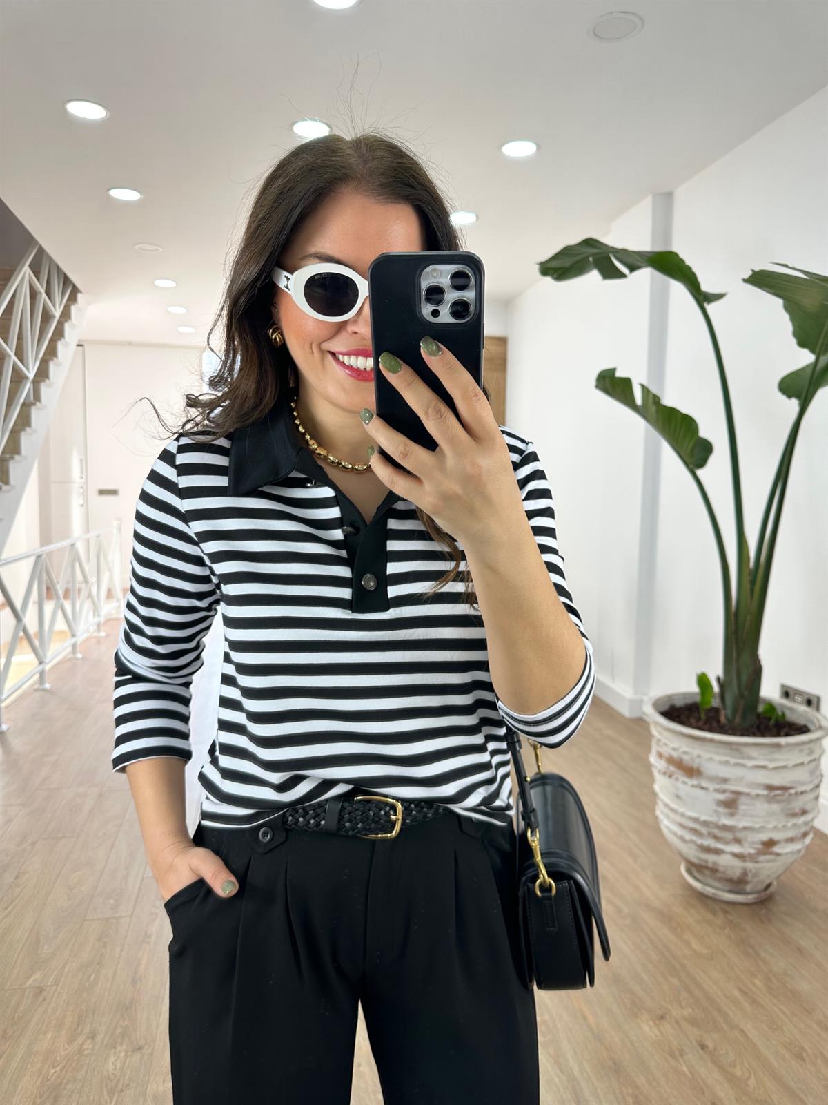 Polo Yaka Çizgili Sweatshirt