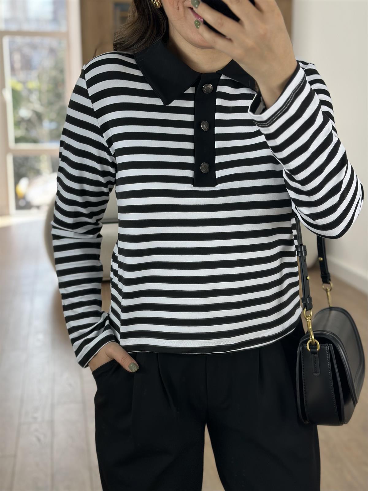 Polo Yaka Çizgili Sweatshirt