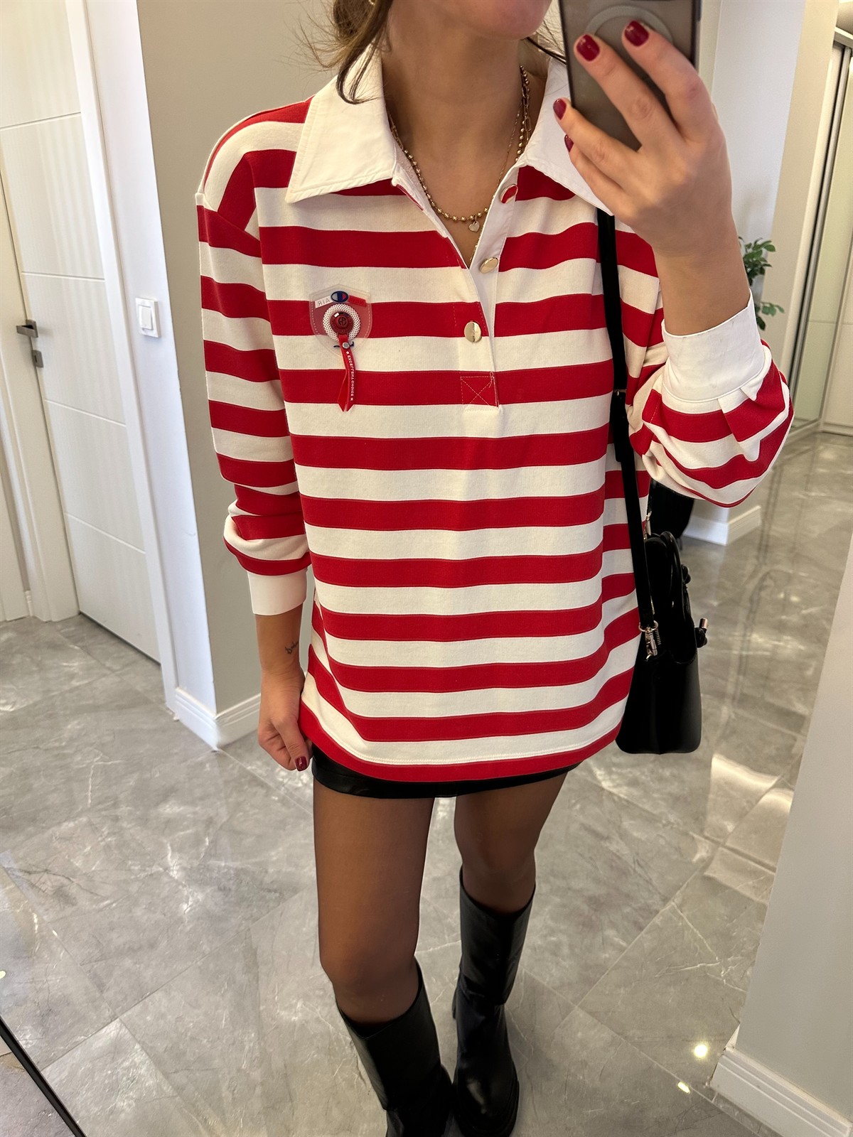 Polo Yaka Çizgili Sweatshirt - Kırmızı