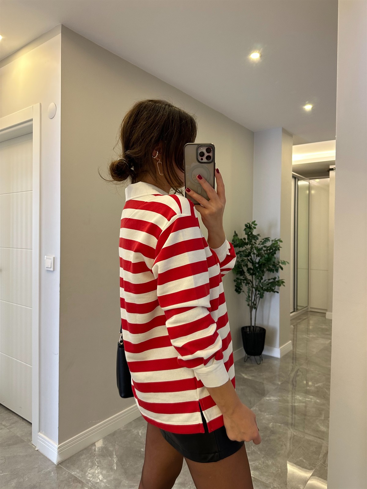 Polo Yaka Çizgili Sweatshirt - Kırmızı