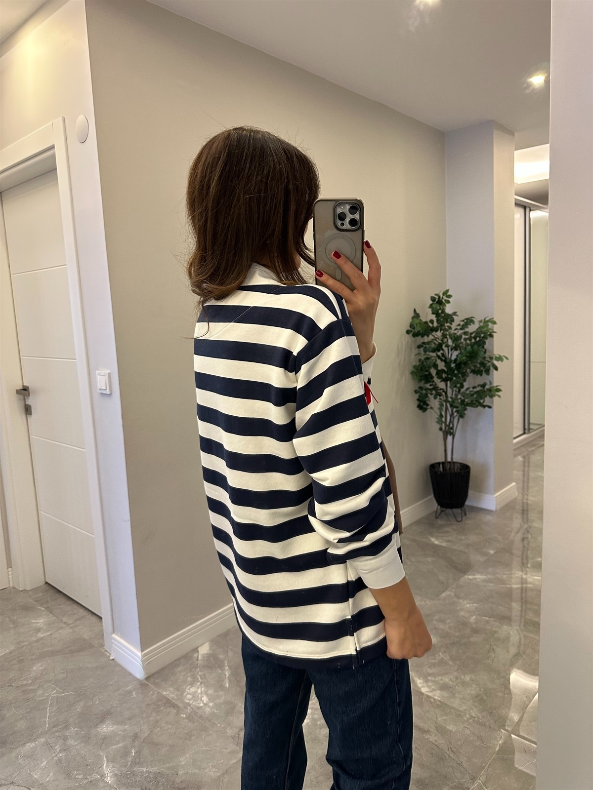 Polo Yaka Çizgili Sweatshirt - Lacivert