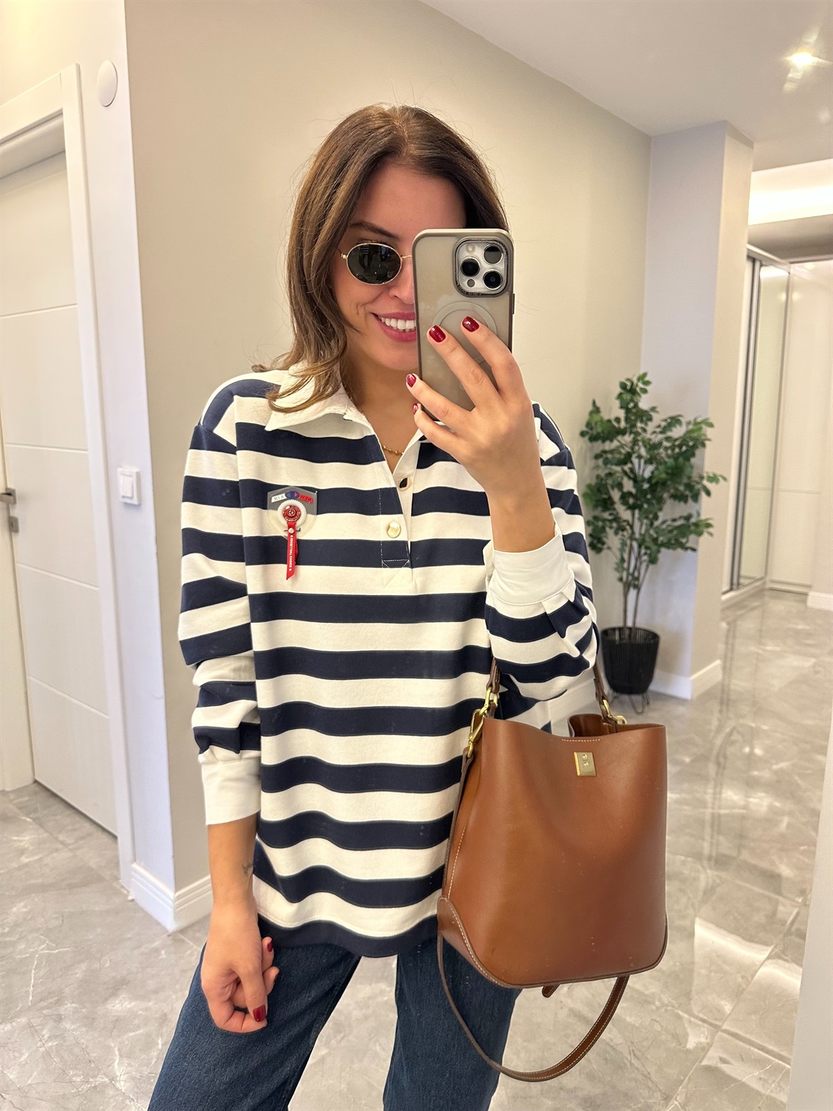 Polo Yaka Çizgili Sweatshirt - Lacivert