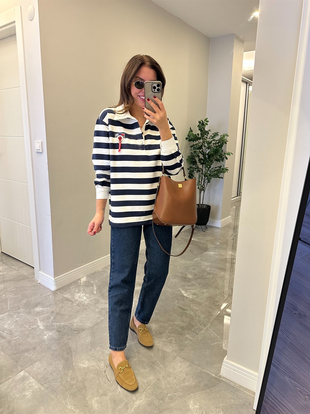 Polo Yaka Çizgili Sweatshirt - Lacivert